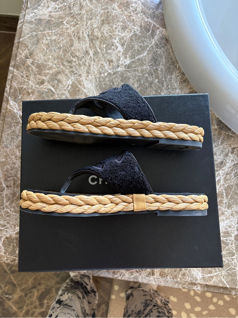 CHANEL Black and Natural Raffia Thong Sandals - Picture 8 of 8